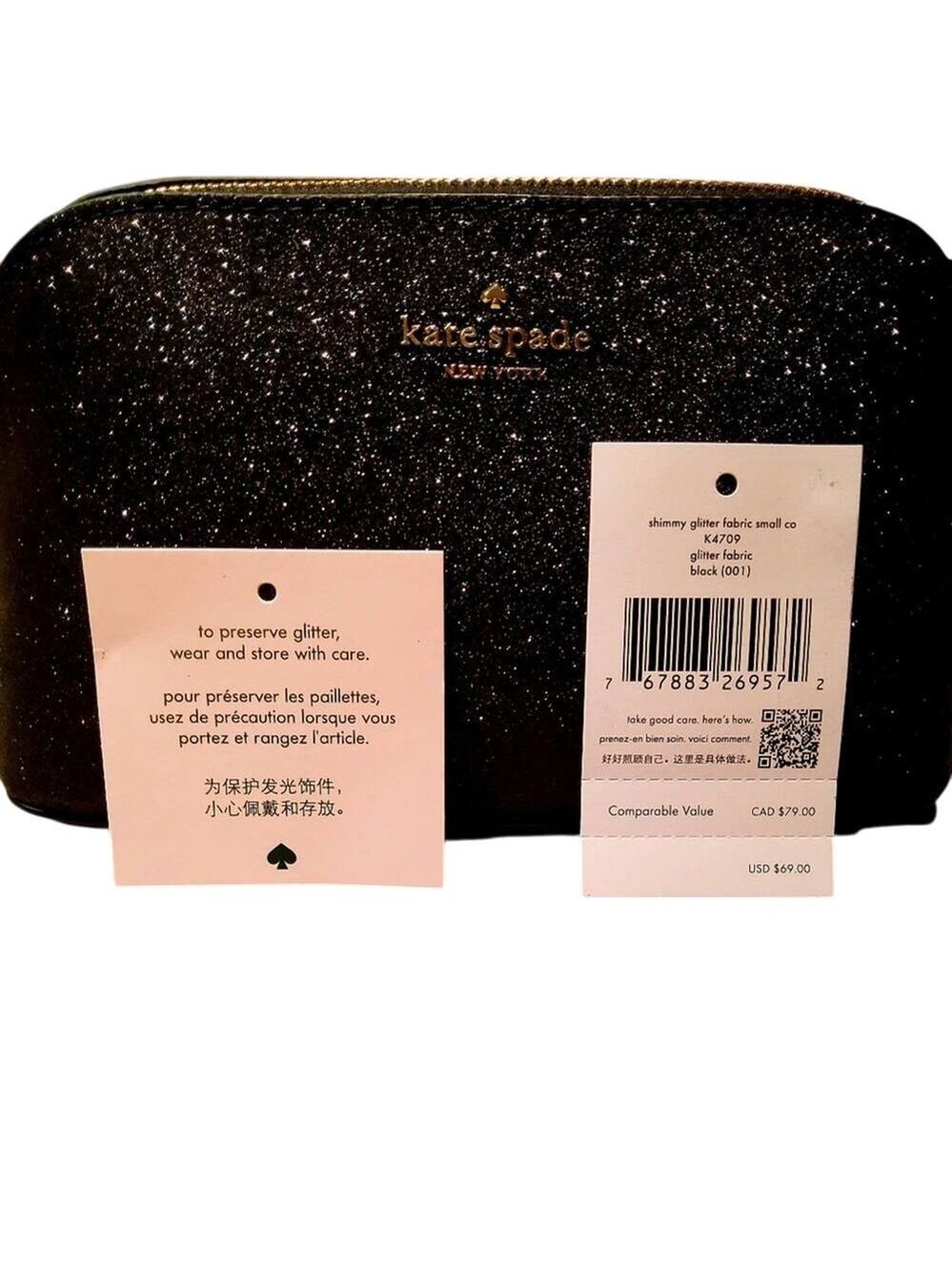 KATE SPADE COSMETIC CASE BLACK SHIMMY GLITTER NEW! - Picture 5 of 6